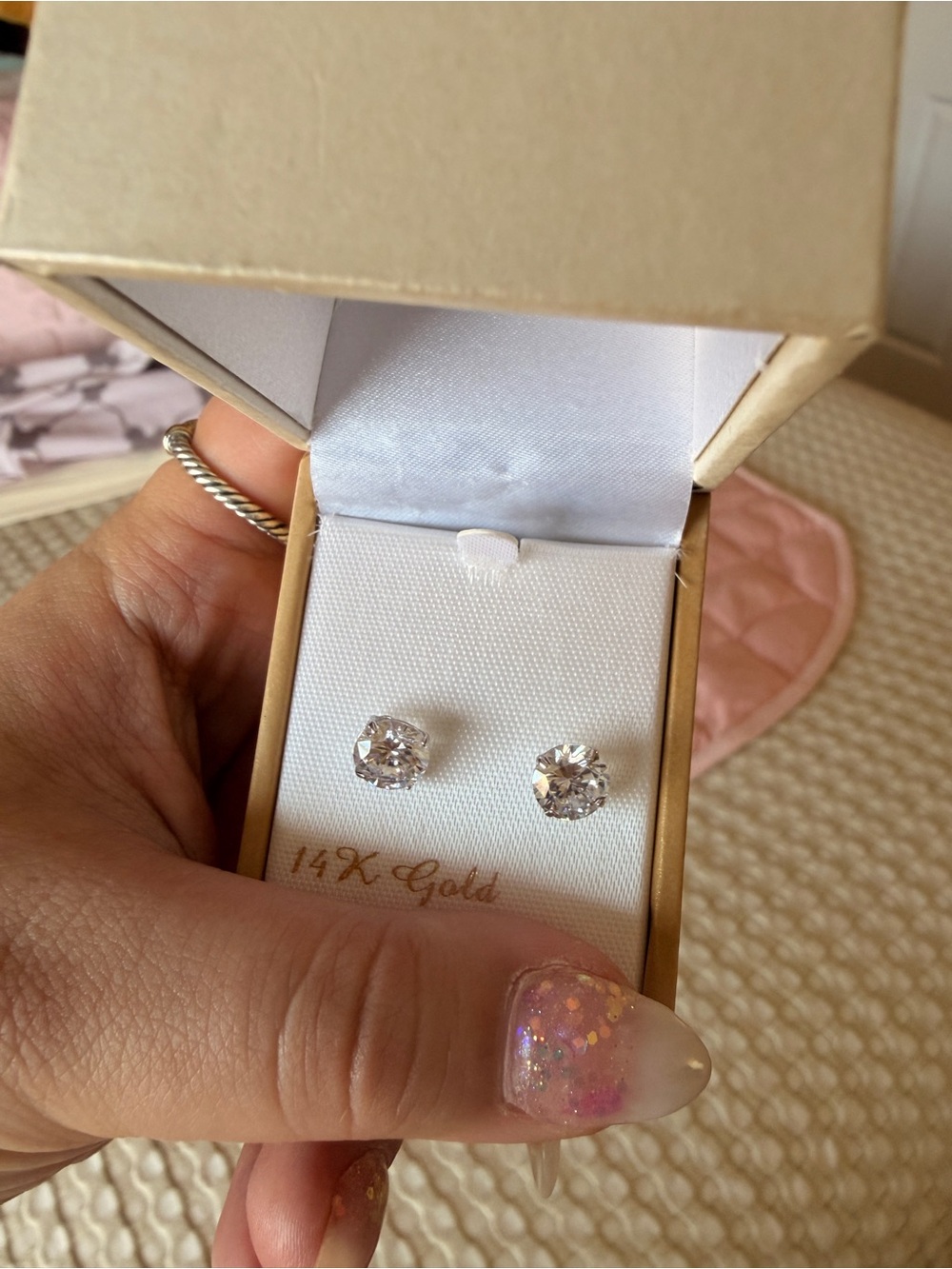 14K Gold Round Cubic Zirconia Stud Earrings - White